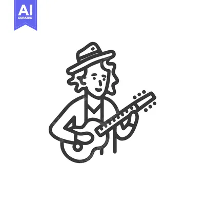 Aset premium populer: Minimalist Line Art Icon of a Cheerful Musician in a Hat Playing an Ac