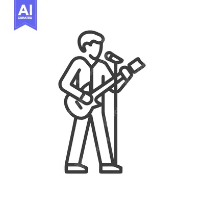 Monochrome Line Art Icon of Musician Performing Live with Electric Gui