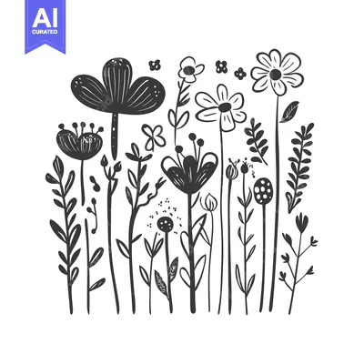 A Black and White Illustration of a Field of Wildflowers