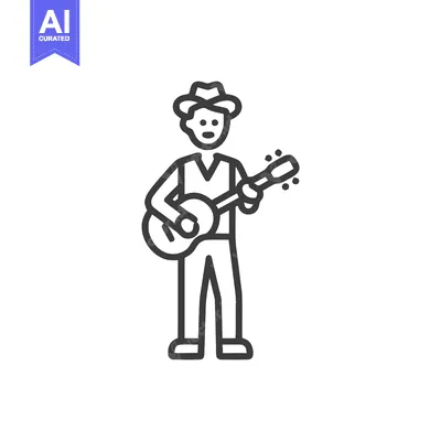 Stylized Line Art Icon of a Musician in a Hat Playing an Acoustic Guit