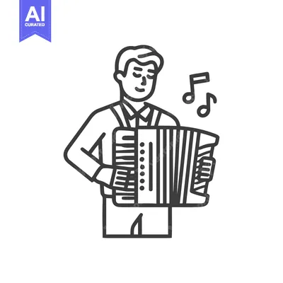 Premium design asset: Happy Accordion Player Icon with Musical Notes in Simple Line Art Styl
