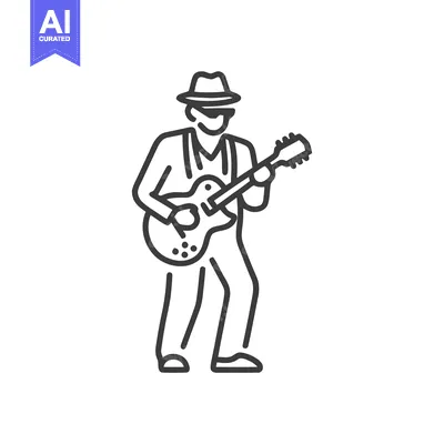 Aset premium populer: Stylized Line Art Icon of Musician Playing Electric Guitar with Fedora
