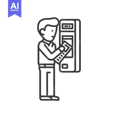 Minimalist Line Icon of Man Using ATM or Self-Service Terminal for Fin