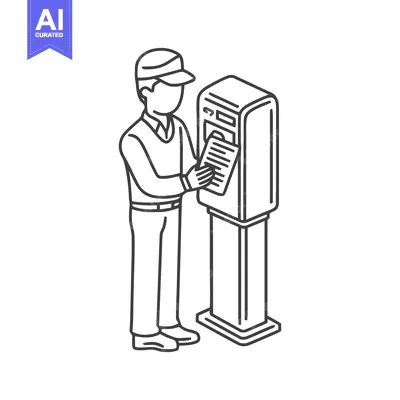 Isometric Line Art of Man Using Self-Service Kiosk for Ticket or Docum