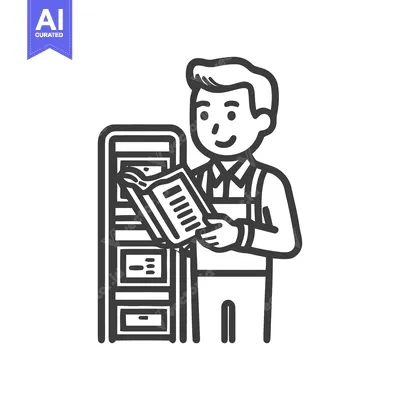 Smiling Man Reading Book by Bookshelf, Clean Monochrome Line Art Icon