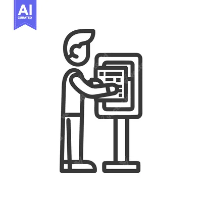 Modern Line Art Icon: Person Using Digital Kiosk for Self-Service, Inf