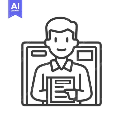 Aset desain premium: Smiling Man Holding Document Icon in Minimalist Line Art Style, Ideal