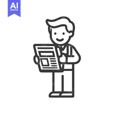 Smiling Man Reading Newspaper Line Art Icon, Happy Person Absorbing Ne