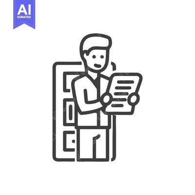 Smiling Man Reviewing Document in Office Line Art Icon with Bookshelf