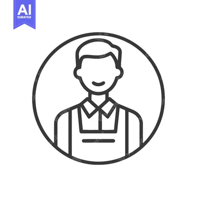 Aset premium populer: Minimalist Line Art Icon of Smiling Male Worker in Apron, User Profile