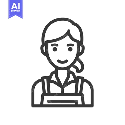 Aset desain premium: Smiling Woman in Apron Line Art Icon, Minimalist Black and White Vecto
