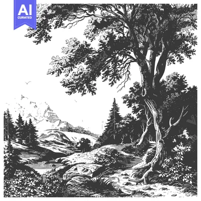 A Black and White Illustration of a Forest Landscape with a Large Tree