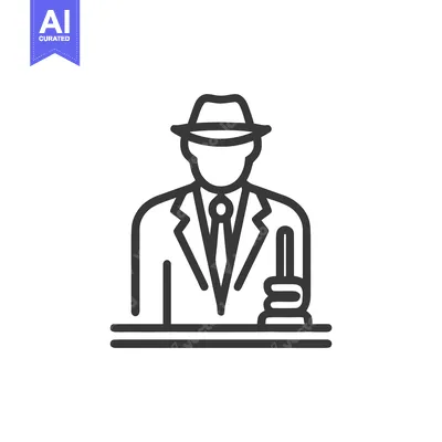 Aset premium populer: Minimalist Line Icon of Man in Suit and Hat with Gavel, Representing L