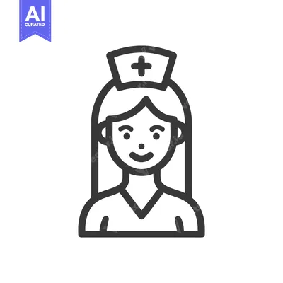 Aset desain premium: Smiling Female Nurse Icon with Medical Cross Cap, Simple Line Art Heal