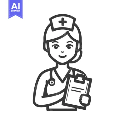 Aset premium populer: Smiling Female Nurse Line Art Icon with Clipboard and Stethoscope, Sim