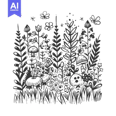 Aset premium populer: A Black and White Illustration of a Forest Meadow with Flowers and Mus