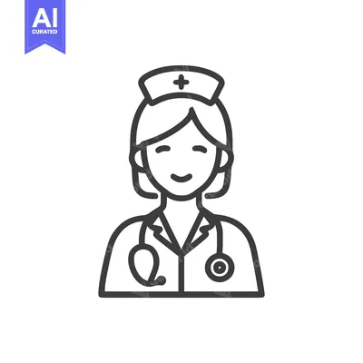 Aset premium populer: Smiling Female Nurse Line Art Icon with Stethoscope and Cap, Symbolizi