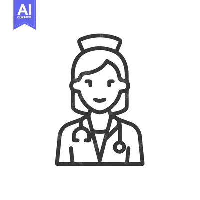 Aset desain premium: Clean Line Art Icon of a Smiling Female Nurse or Doctor with Stethosco