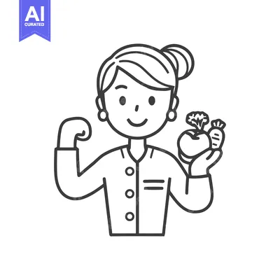 Aset desain premium: Happy Woman Flexing Bicep and Holding Fresh Produce, Healthy Lifestyle
