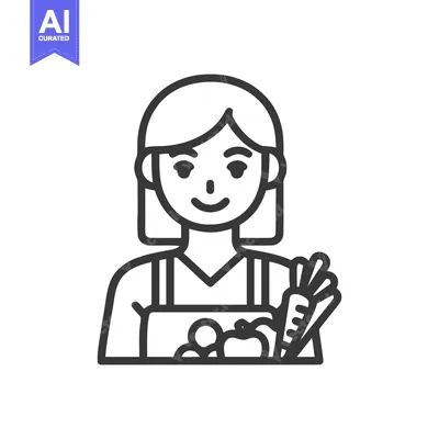 Charming Line Art Icon of Smiling Woman in Apron Presenting Fresh Orga
