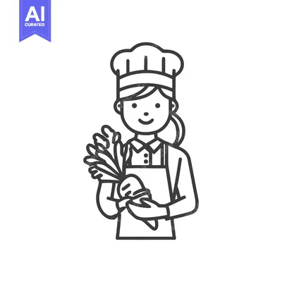 Smiling Female Chef Icon Holding Fresh Vegetables in Minimalist Line A
