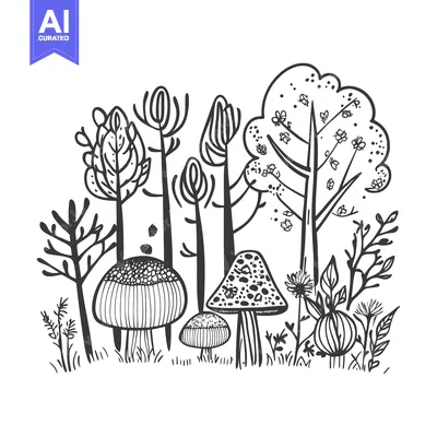 A Black and White Illustration of a Forest with Mushrooms and Trees