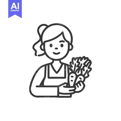 Aset premium populer: Smiling Woman Holding Fresh Carrots Line Art Icon, Happy Female Garden