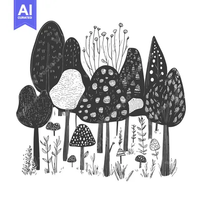 A Black and White Illustration of a Forest with Trees and Mushrooms