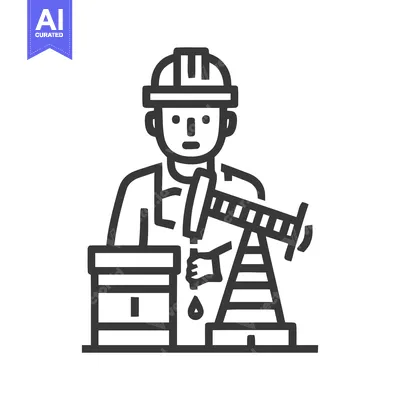 Minimalist Line Art Icon of Oil Worker with Pumpjack and Barrel, Symbo