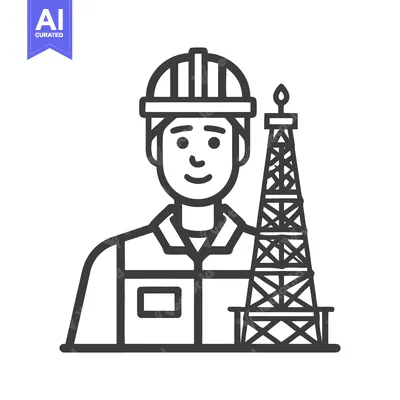 Smiling Oil and Gas Industry Worker with Drilling Rig Line Art Icon