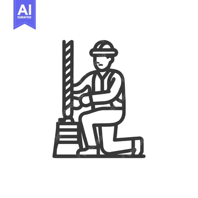 Monochrome Line Art Icon of Industrial Worker Kneeling Operating a Dri
