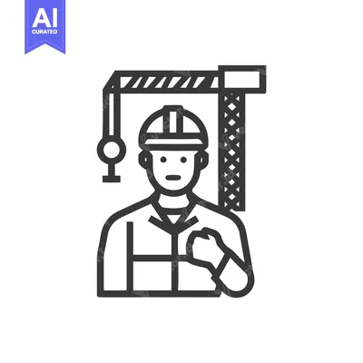 Stylized Line Art Icon of Construction Worker in Hard Hat with Buildin