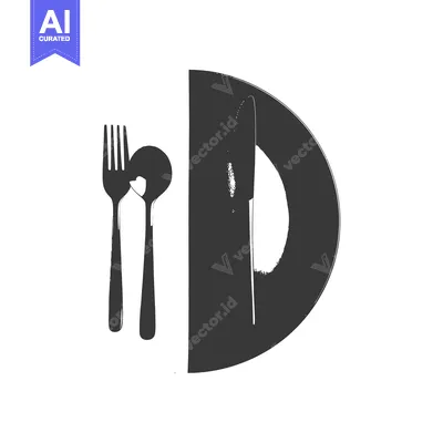 A Black and White Illustration of a Fork, Knife, and Plate