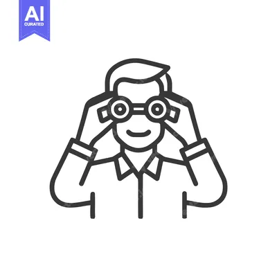 Aset desain premium: Smiling Person with Binoculars Line Icon: Observation, Discovery, and