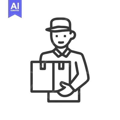 Smiling Delivery Man in Cap Holding Package - Simple Line Art Icon for