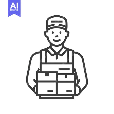 Smiling Delivery Person Icon Carrying Stacked Boxes, Minimalist Line A