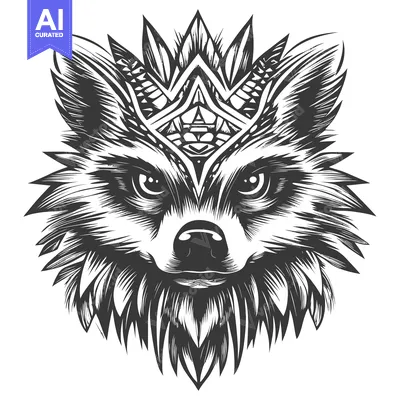 A black and white illustration of a fox head with a geometric pattern