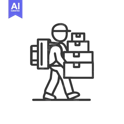 Minimalist Line Icon of Delivery Person Carrying Stacked Boxes and Bac