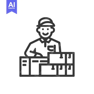 Smiling Logistics Worker Icon with Stacked Shipping Boxes, Monochrome