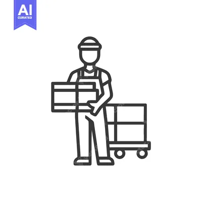 Line Art Icon of Delivery Worker with Boxes and Hand Truck, Logistics