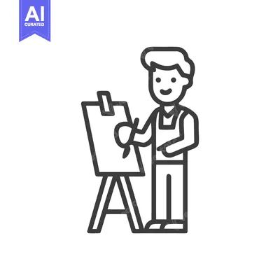 Simple Black Line Art of Smiling Artist Painting on Easel, Creative Ho
