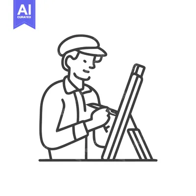 Premium design asset: Minimalist Line Art Icon: Artist Drawing on Easel, Symbolizing Creativ