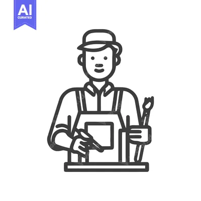 Minimalist Line Art Icon of Smiling Artist Painter with Brush and Pale