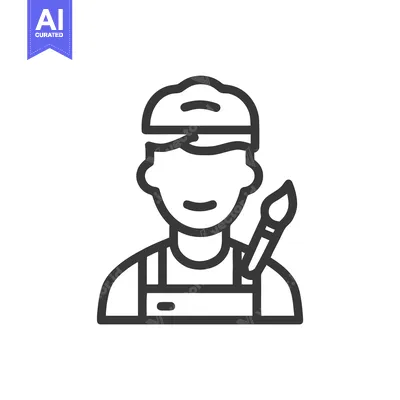 Aset premium populer: Minimalist Line Art Icon of a Smiling Painter with Cap and Paintbrush,