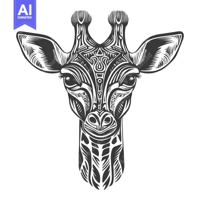 A Black and White Illustration of a Giraffe's Head with Detailed Patte