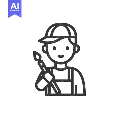Clean Line Art Icon of Happy Artist or Painter Wearing Cap and Overall