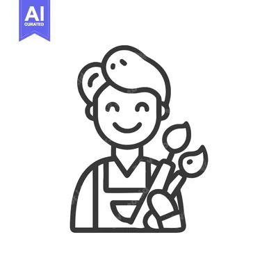 Cheerful Line Art Icon of an Artist Holding Paintbrushes in Apron, Cre