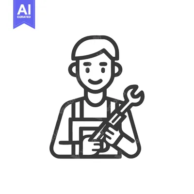 Smiling Line Art Mechanic Icon Holding Wrench, Professional Repair Ser