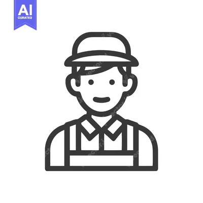 Aset desain premium: Minimalist Line Art Icon of Smiling Person in Hat and Overalls, Clean