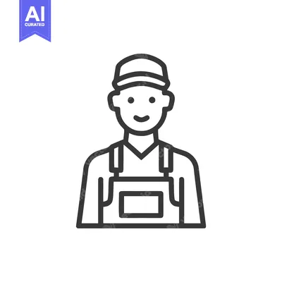 Premium design asset: Smiling Worker Icon, Minimalist Line Art Avatar in Cap and Overalls